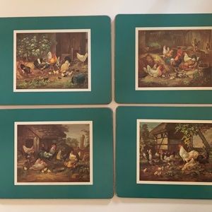 4 9”x13” pimpernel placements with chicken and hen scenes. So we wear see photos